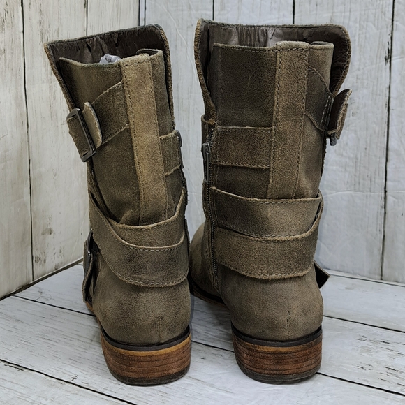 Gianni Bini Women 7.5M Grey Brown Brushed Suede Side Zip Buckle Strap Moto Boots - Picture 7 of 9